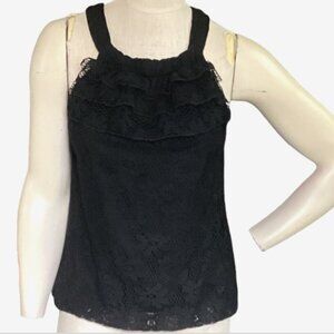 Cable & Gauge Ruffle‎ Neck Floral Lace Tank Top Junior Sz L Black #42M